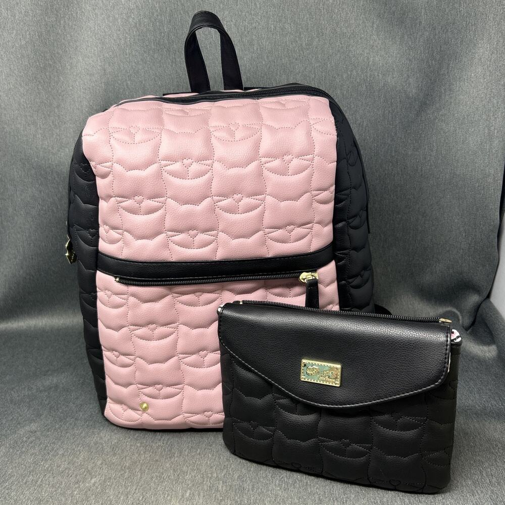 Luv Betsey Johnson Lorene Quilted Cat Face Pink Black Backpack with Crossbody - Picture 10 of 15